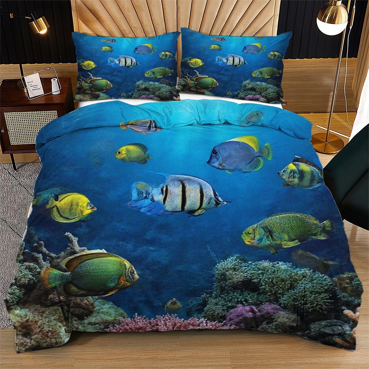 Housse de couette 240x260 bleu monde sous-marin avec taies d'oreiller