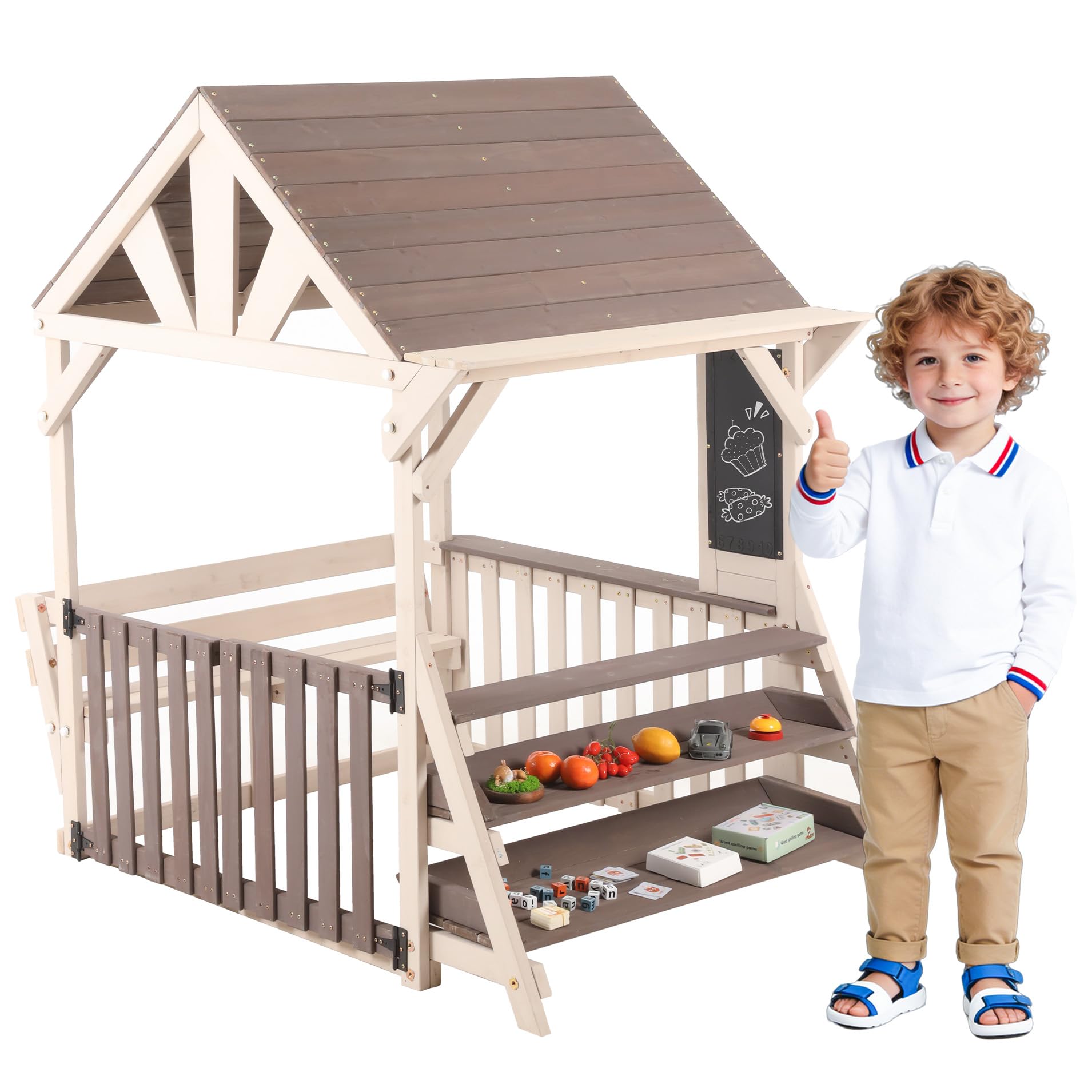 Set da cucina per esterni, a forma di casa, in legno con tetto antipioggia e ringhiera a mezza altezza, scaffale multiuso per piante e giocattoli, per bambini dai 3 anni in su, casa giochi