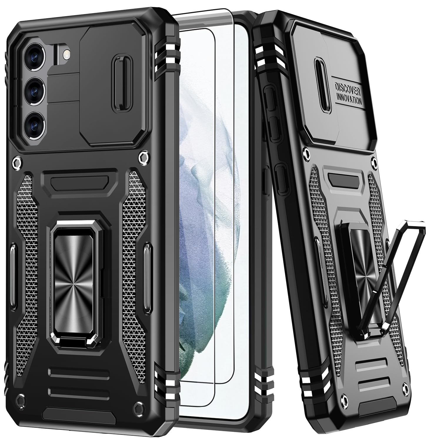 AUPAI Galaxy S21 FE Case with Camera Cover,Military Grade Samsung S21 FE Cover with Screen Protector Pass 16ft Drop Test Protective Phone Case with Kickstand for Samsung Galaxy S21 FE Black