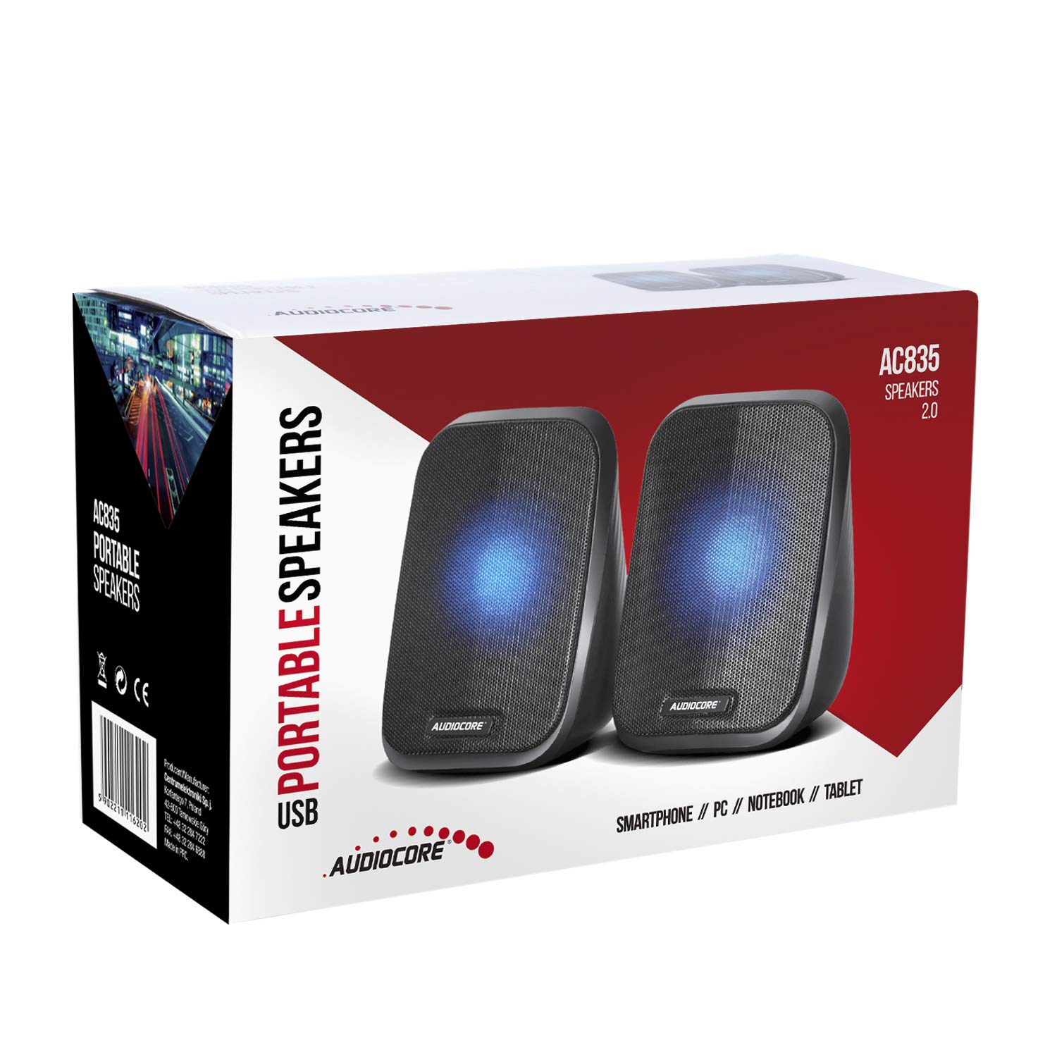 Audiocore AC835 2.0 głośnik stereo z oświetleniem LED do komputera, laptopa, smartfona, 2 x 3 W, RMS USB AUX, kompaktowy