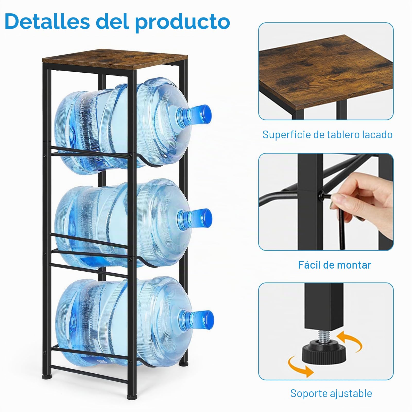 Soporte para jarra de agua, 3 pisos, 5 galones con tabla, enfriador de agua, estante de oficina, estante de almacenamiento de agua, extraíble, para cocina, oficina, sala de estar