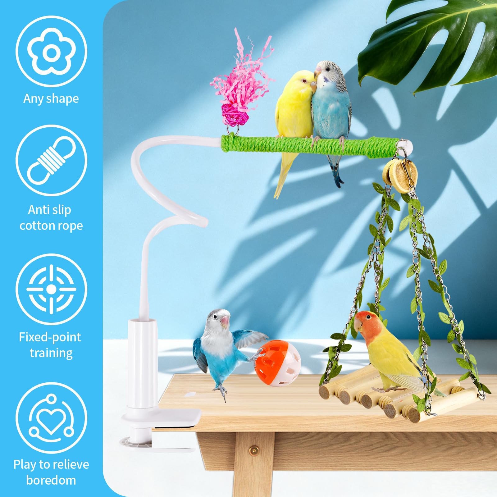 Bird Perch Stand with Swing, Desktop Bird Toy & Stand for Interacting, Interactive Playground for Sun Conure, Lovebirds, Conure, Budgie, Cockatiel - Non-Slip Adjustable Perch - image 2