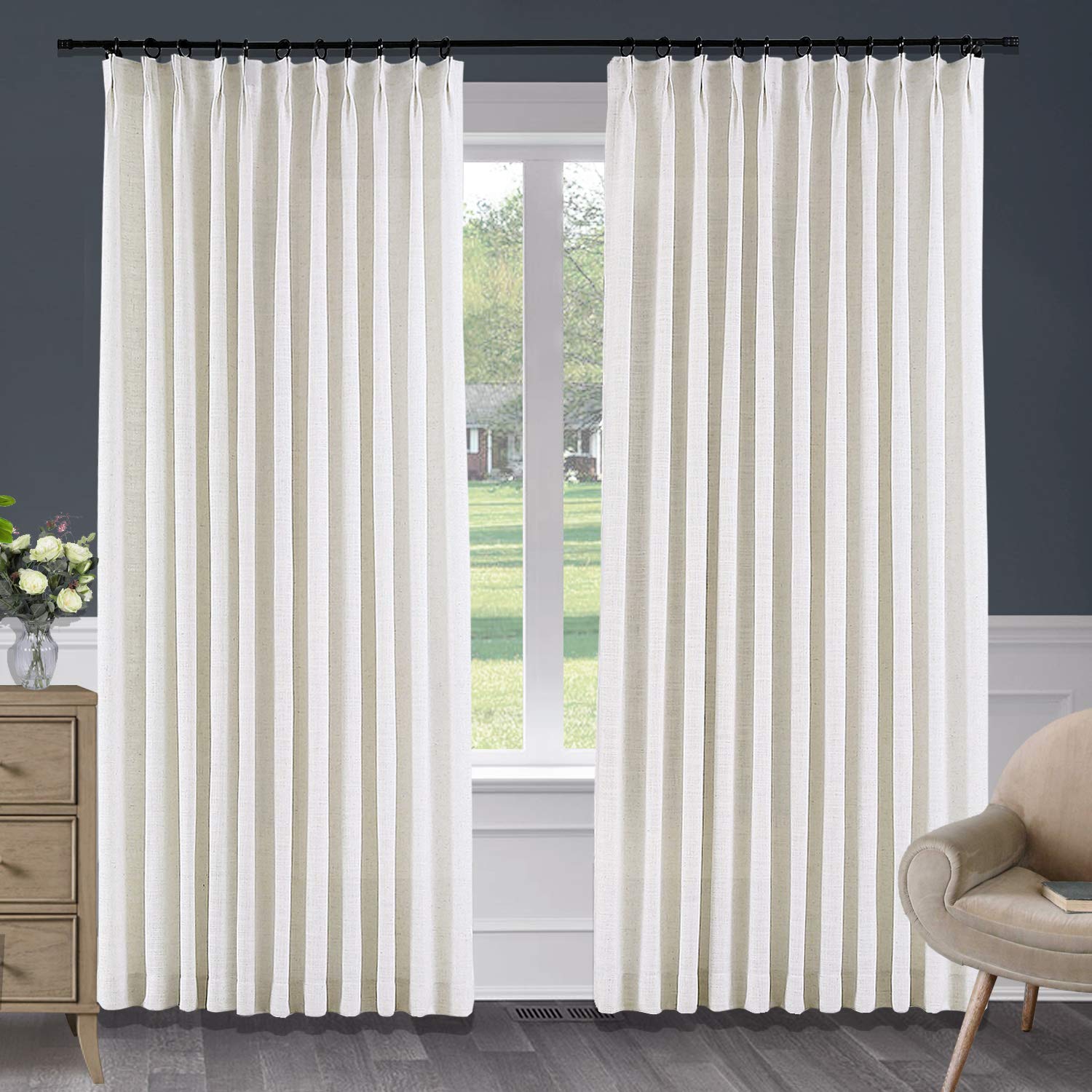Macochico 50 W x 84 L Inch Faux Linen Curtains for Bedroom Pinch Pleat Drapery Panel for Living Room Bedroom Meetingroom Club Theater Patio Door Beige White, 1 Panel