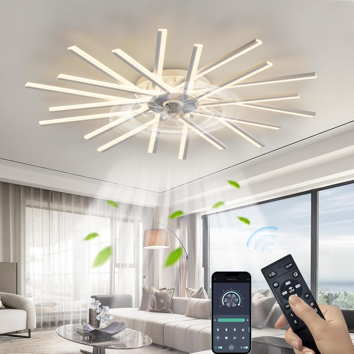 YUNZI Quiet Ceiling Fan With Light And Remote Control, LED 60W Dimmable Ceiling Lamp Modern Low Profile Ceiling Fans For Living Room Bedroom Lighting, 6 Speeds, Dimming Lights, Black, 50CM - View #7