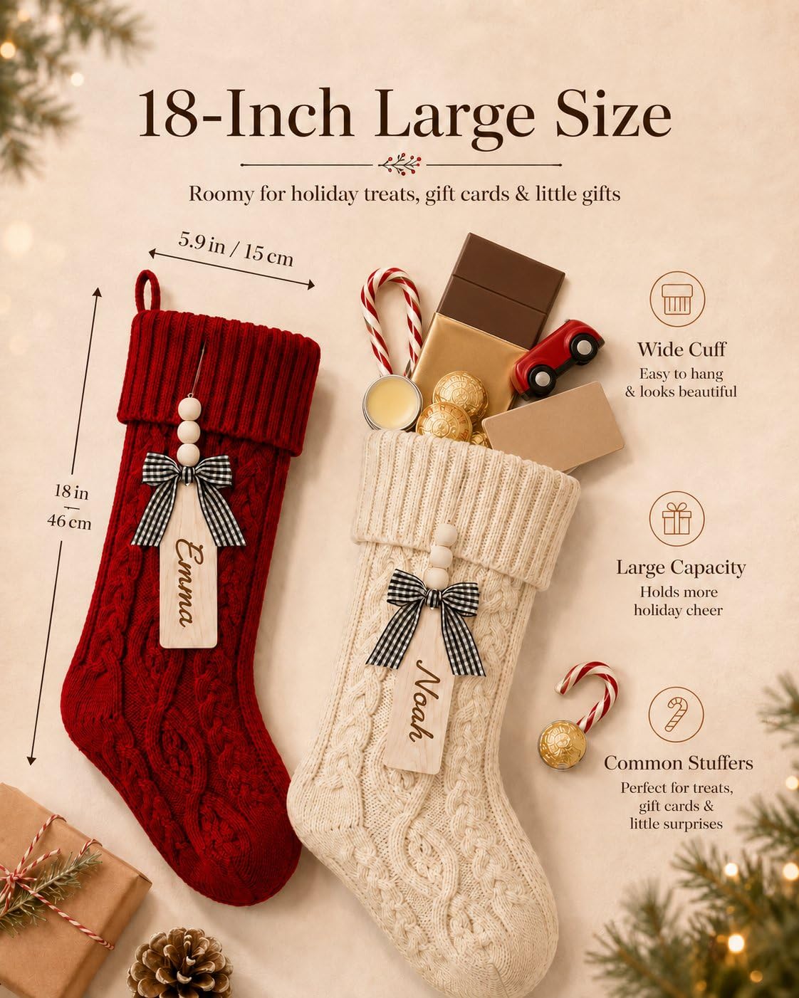 houscly Medias de Navidad personalizadas grandes de 18 pulgadas: paquete de 8 medias de Navidad, color rojo, marfil, verde, caqui