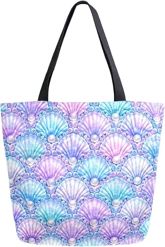 Chic Extra Large Shoulder Grocery Tote Bag, Beautiful Rainbow Scales of Mermaid Canvas Reusable Handle Bags for Men Women Gym Weekender Picnic Beach Travel Home Storage Market Shopping