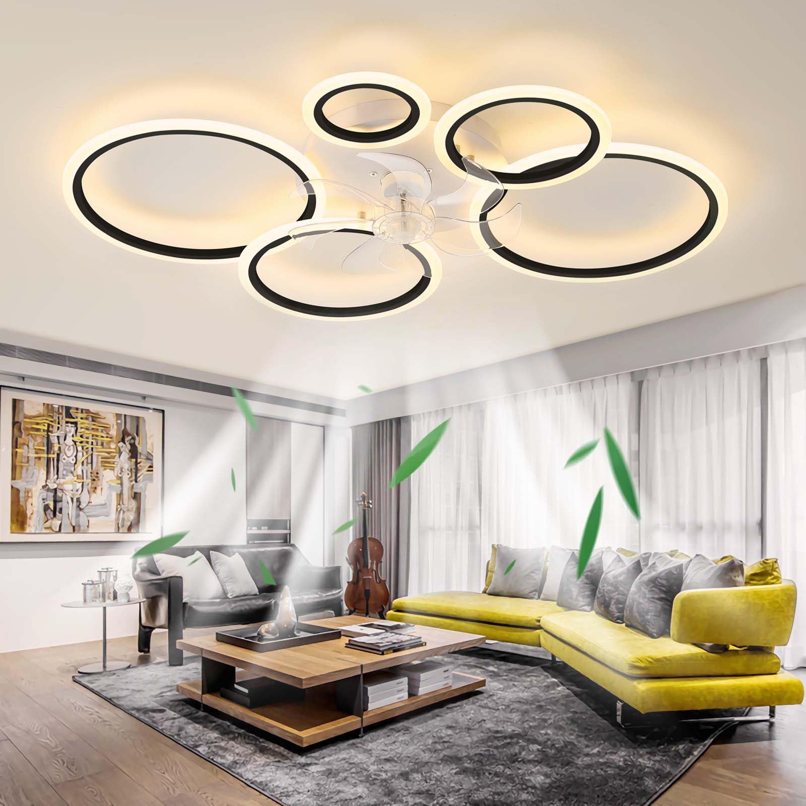 100CM Wentylator sufitowy z oświetleniem Nowoczesny Światła, LED 130W Ściemnialna z pilotem zdalnego sterowania, Cichy Lampa do Pokój dzienny Sypialnia Kuchnia, 6 prędkości (Czarny)