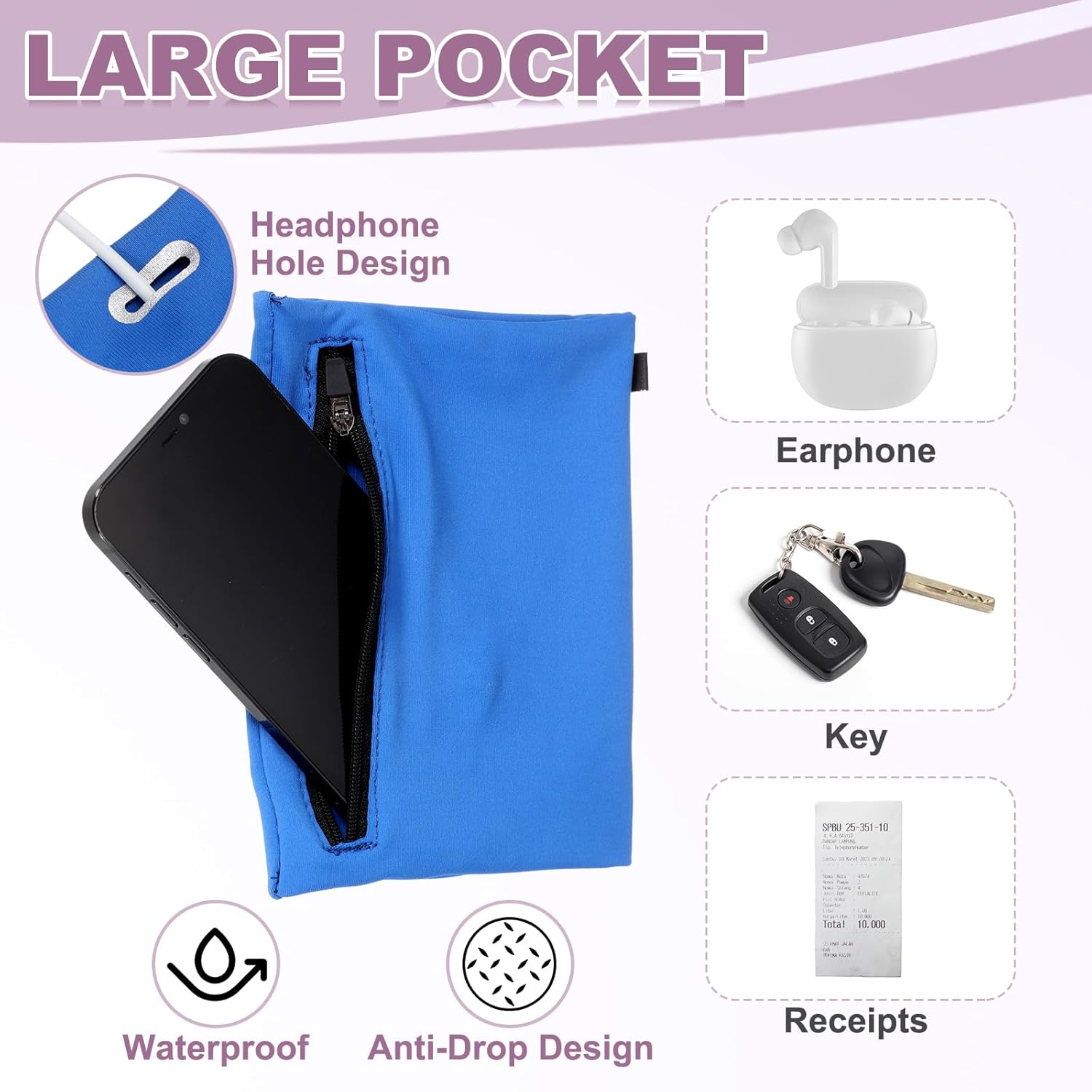 PATIKIL Universal Running Armband Sleeve 7.09"x3.94", Cell Phone Arm Bands Sleeve with Zipper Pocket for Key Earphones Credit Cards Sports Gym Workouts Exercise (S, Blue) - Image 6