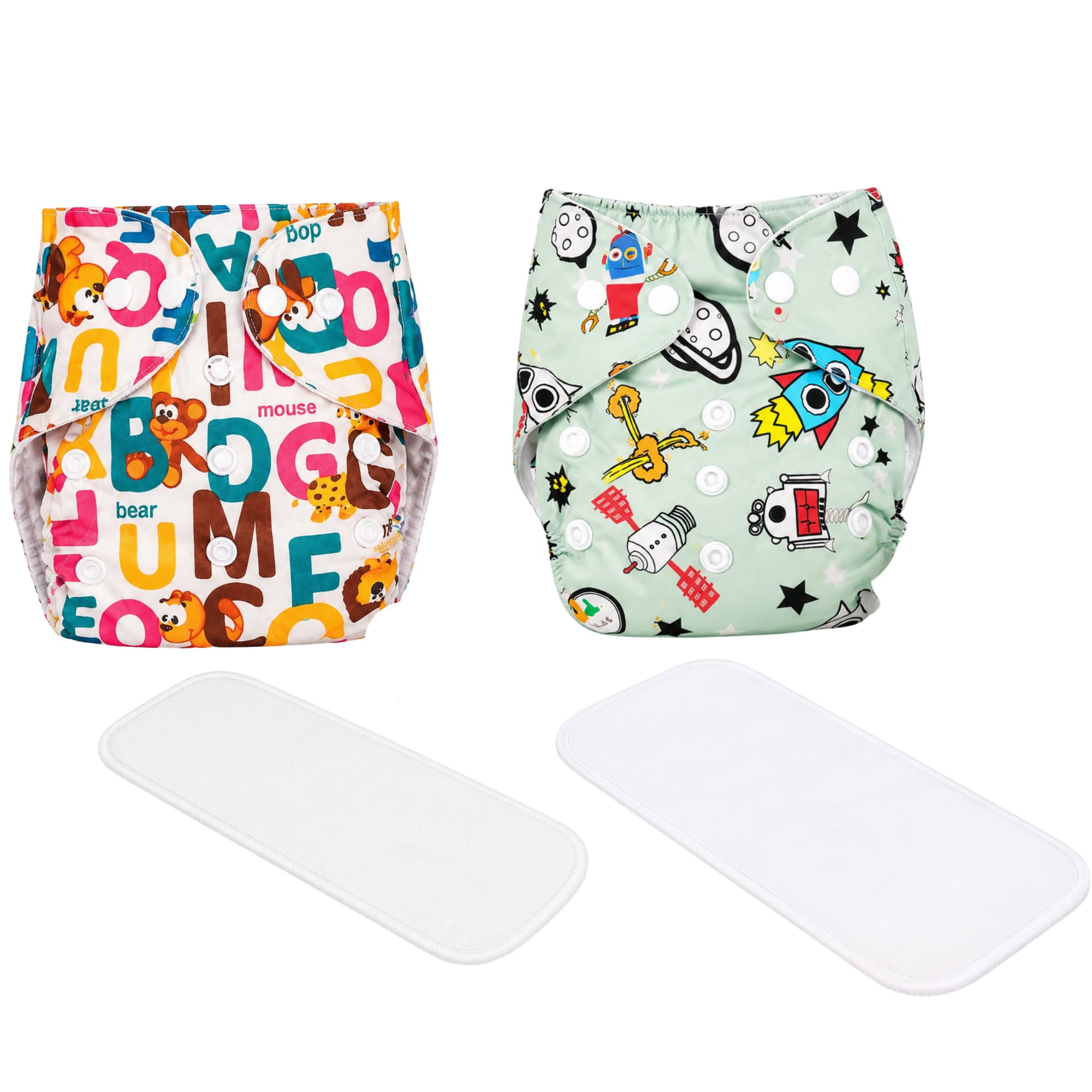 Reusable Washable Cloth Pocket Cover with Soft Absorbent Insert, Leakproof Adjustable Snap Buttons Gentle Outer Fabric (WHITE+GREEN, PRINTED, PACK OF 2)-image-23