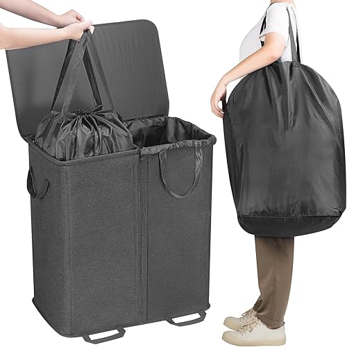 Miniatura 4 de Lifewit Cesta de lavandería doble con tapa y bolsas de lavandería extraíbles, gran plegable, 2 divisores, cesta de ropa sucia con asas para Negro