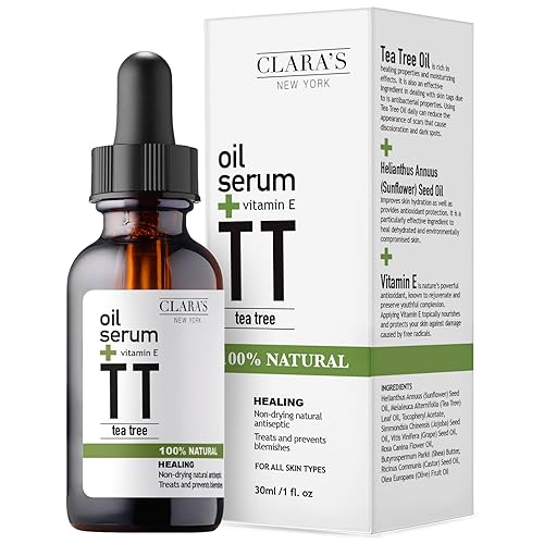 Clara's New York Suero de aceite facial de árbol de té 100% natural con vitamina E  Aceite facial calmante para el acné y el enrojecimiento para