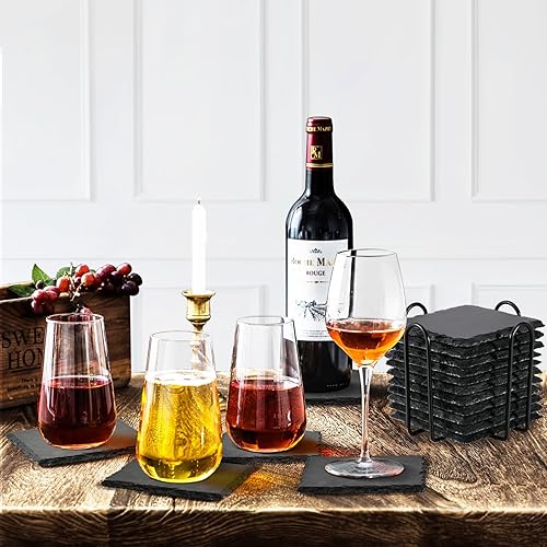 Miniatura 5 de Posavasos de pizarra con soporte, 4 pulgadas, 12 piezas, cuadrados rústicos, juego de posavasos de piedra negra con respaldo antiarañazos para bar,