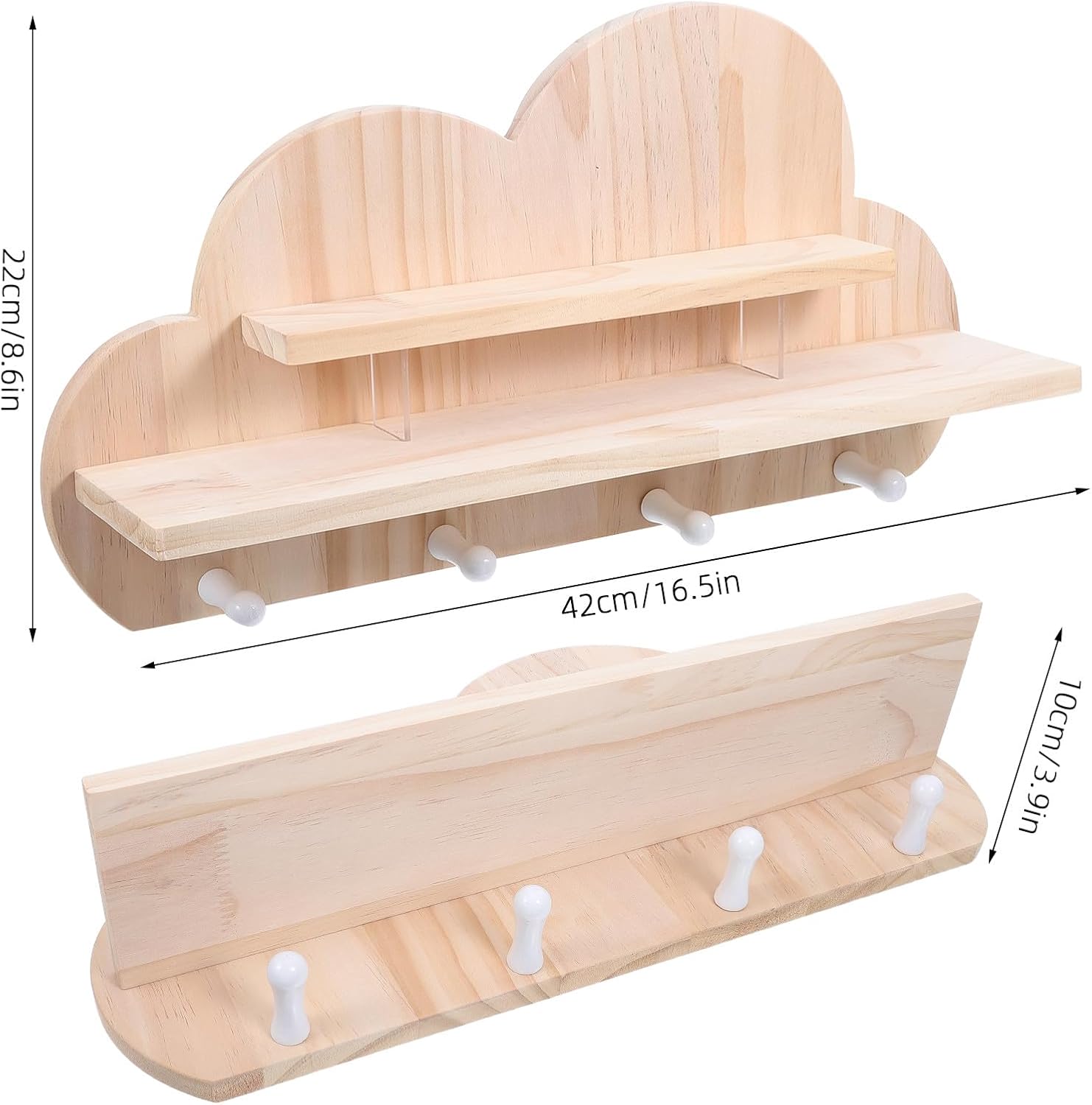 UKCOCO Wooden Cloud Floating Shelf: Wall Mounted Storage Organizer for Toys Photos - Display Shelf with 4-Hook for Nursery Room, Living Room, 16.5x8.7in