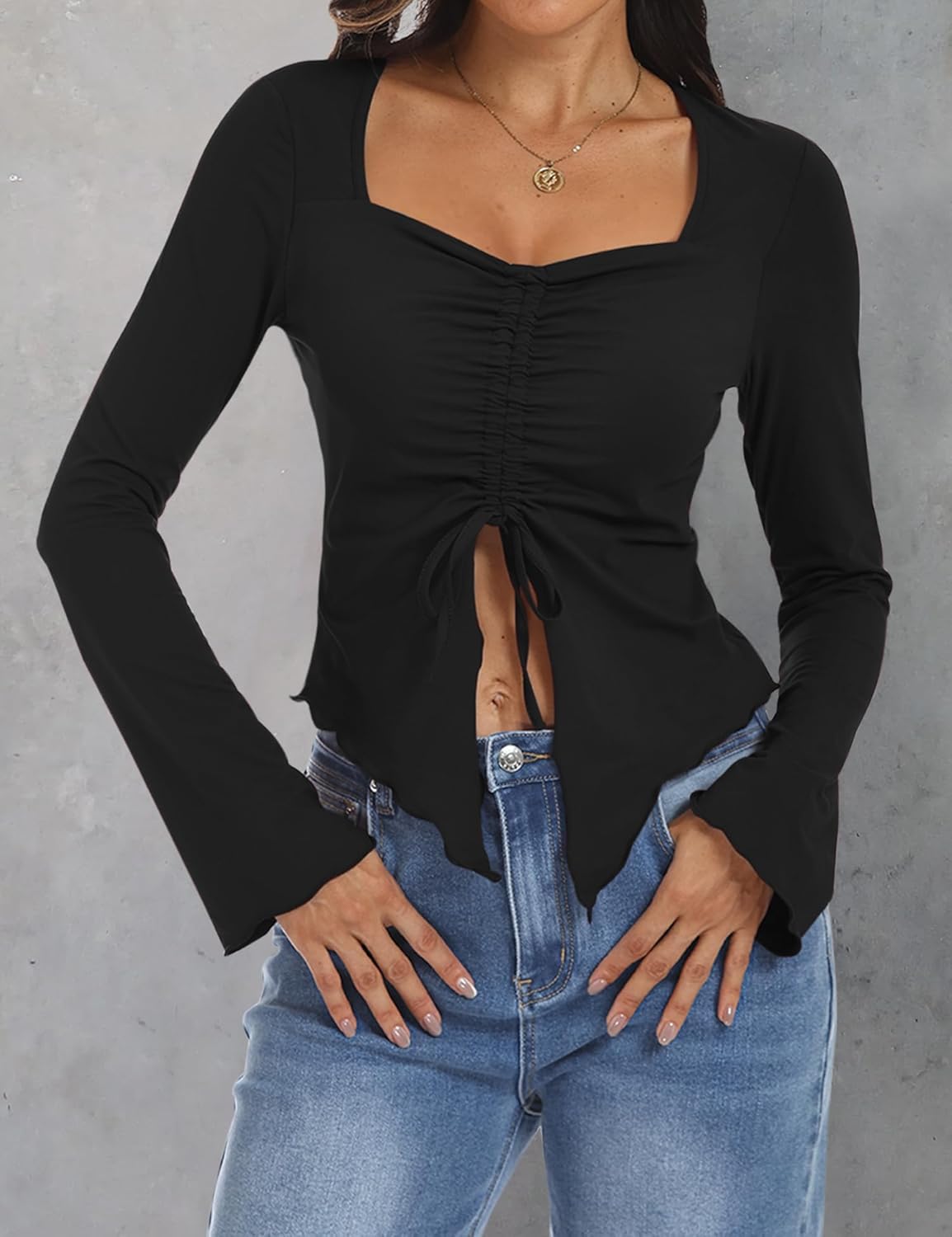 AIMCOO Women's Long Bell Sleeve Tops Tie Front Crop Top 2025 Sexy Y2K Sweetheart Neck Going Out T Shirts Tees - Image 5