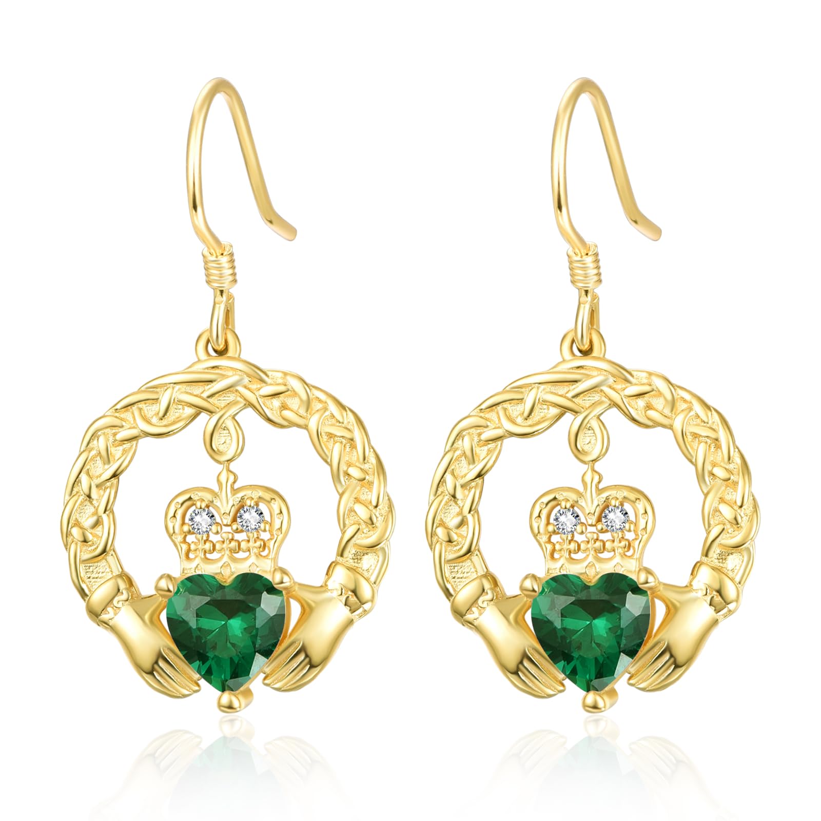 Claddagh Birthstone Earrings for Women 925 Sterling Silver 18K Gold Plated Irish Celtic Jewelry Valentines Christmas Birthday Gifts for Her