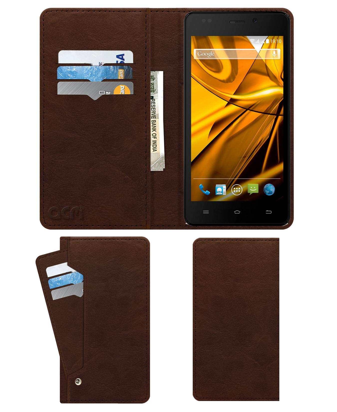 ACM Wallet Leather Flip Carry Case Compatible with Karbonn Titanium Dazzle 2 S202 Mobile Flap Card Holder Front & Back Cover Rich Brown