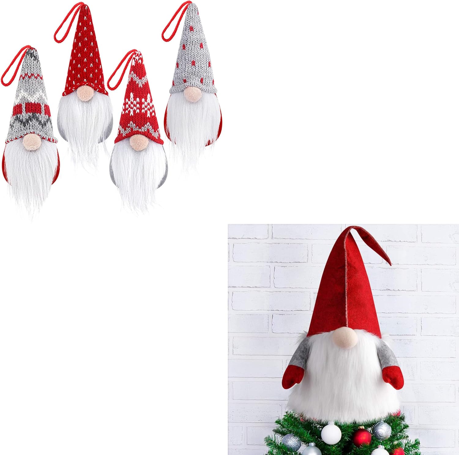 D-FantiX Gnome Christmas Ornaments Set of 4 Tree Hanging Decoration & Red Hat Gnome Christmas Tree Topper