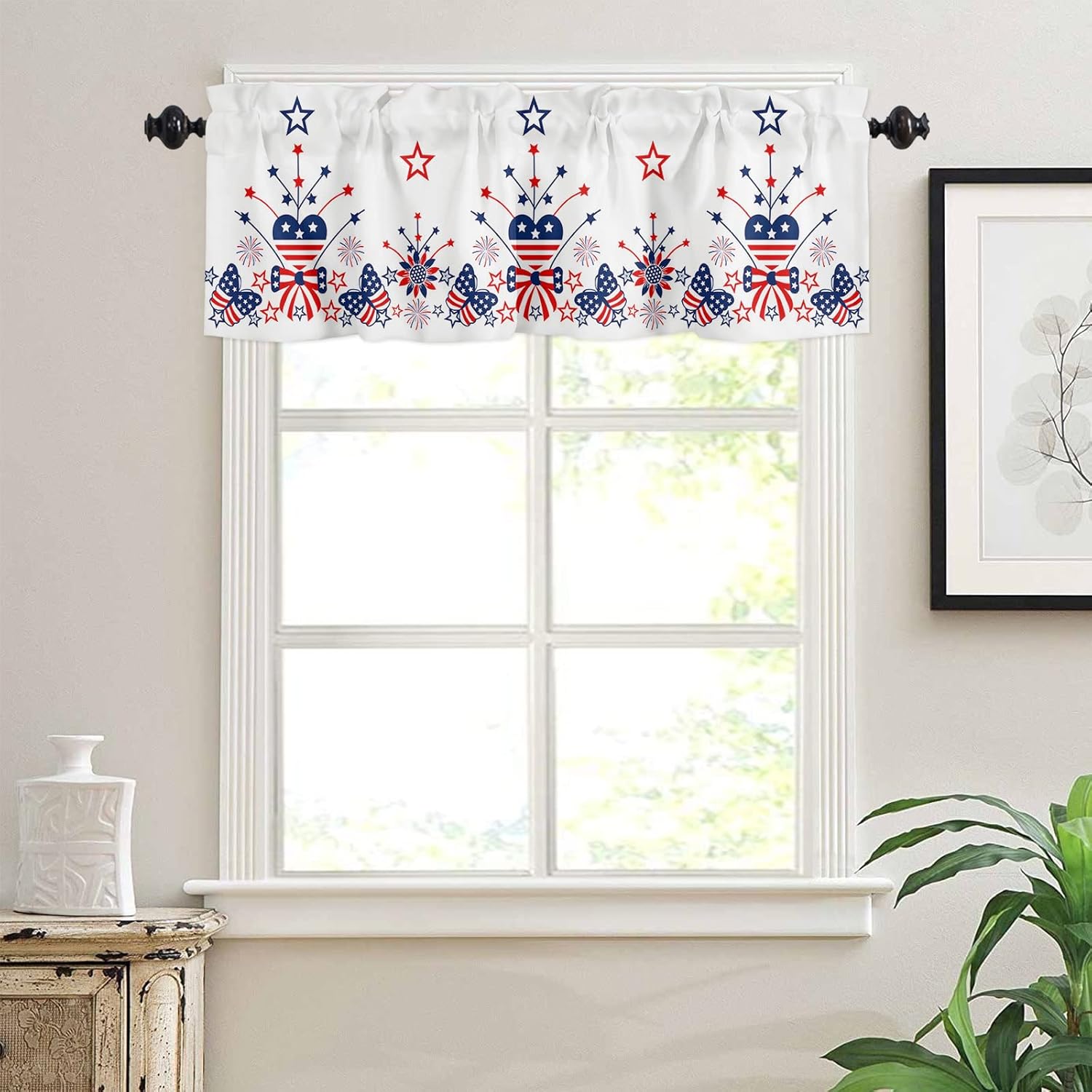 Memorial Day Kitchen Window Valance and Tier Set,4th of July Stars Fireworks 3 Piece Rod Pocket Tiers Curtain Valances USA Flag Love Bow Butterfly Windows Treatment for Bedroom/Bathroom/Living Room