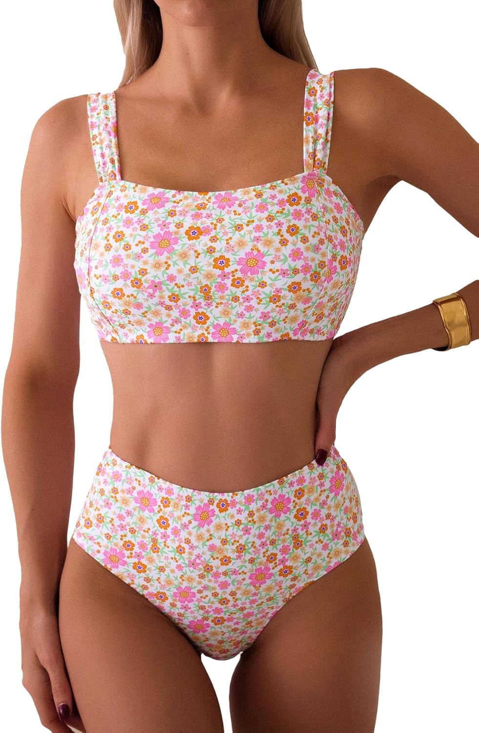 Fanuerg Women's High Waisted Bikini Sets Wide Straps Two Piece Swimsuit Floral Print Bathing Suits