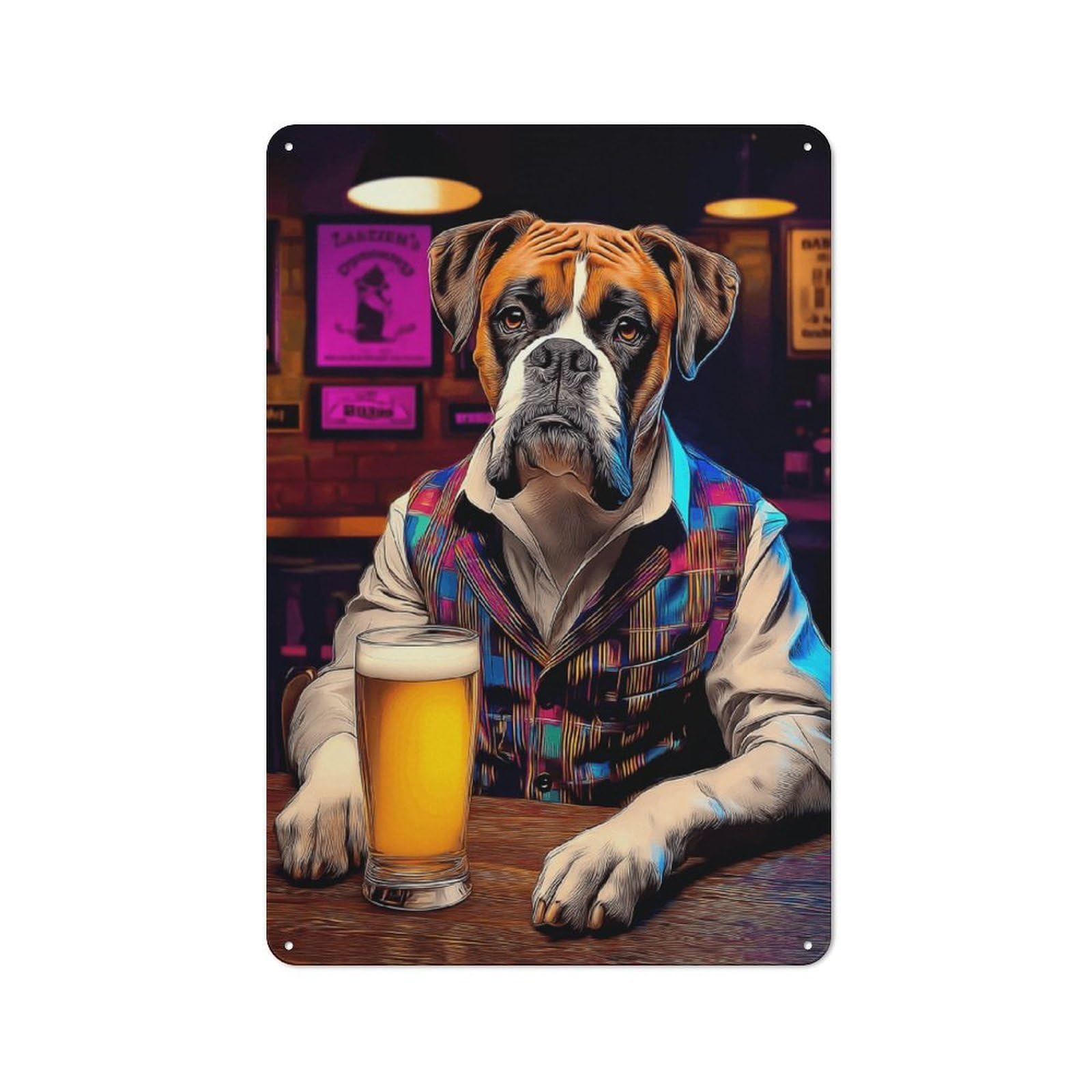 Junmoney Boxer Dog Enjoying A Beer In Pub Retro Metal Plaque 30X20cm For Guest Room Or Hallway, Housewarming Present For People Styling Guest Room And Hallway