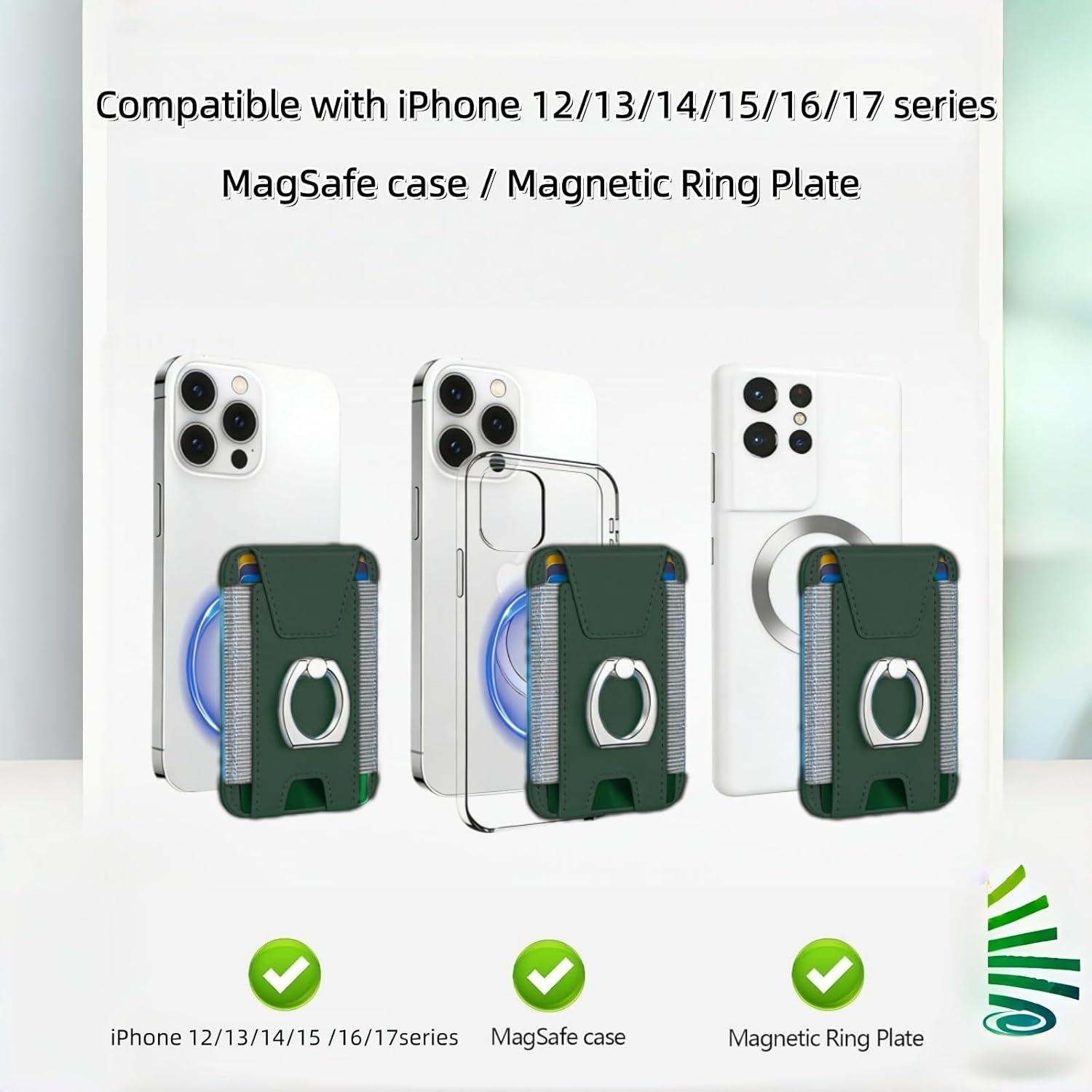 for Magsafe Wallet, Slim Magnetic Card Wallet with Grip, 7 Cards Holder RFID Blocking, Ring Stand Stick on Wallet with Privacy Flap (Green) - Image 5
