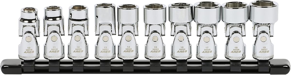ARES 39015 10-Piece 3/8-Inch Drive Metric Universal Flex Socket Set | 6-Point Sockets from 10mm to 19mm; Universal Joint Flex Design For 360 Degree Access