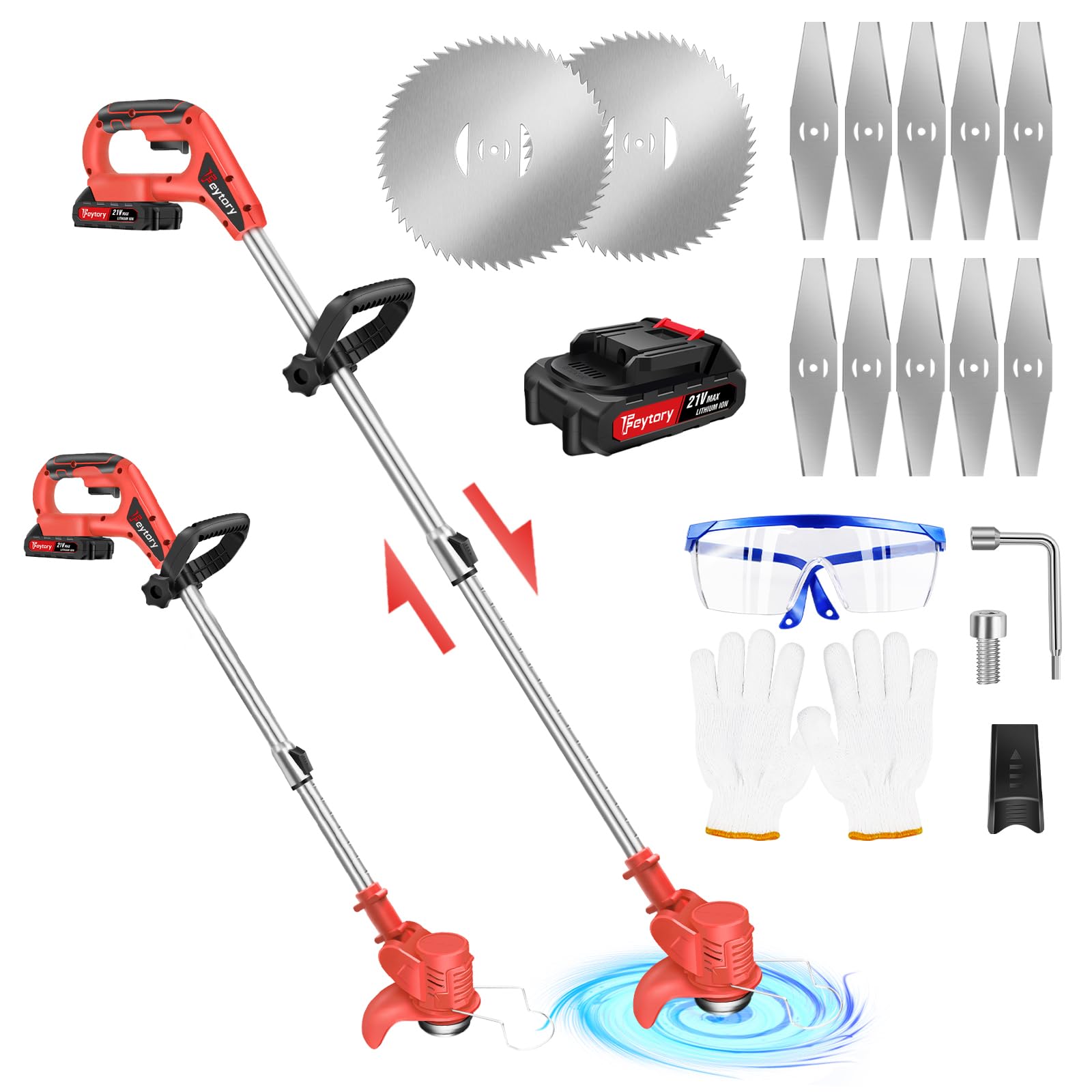 Garden Cordless Strimmer, Metal Blade Strimmer Electric Grass Trimmer, Height Adjustable Grass Trimmer, Lightweight Lawn Mower, Brush Cutter with 1.5Ah Battery & 12 Blades, for Garden Clearing Weeds