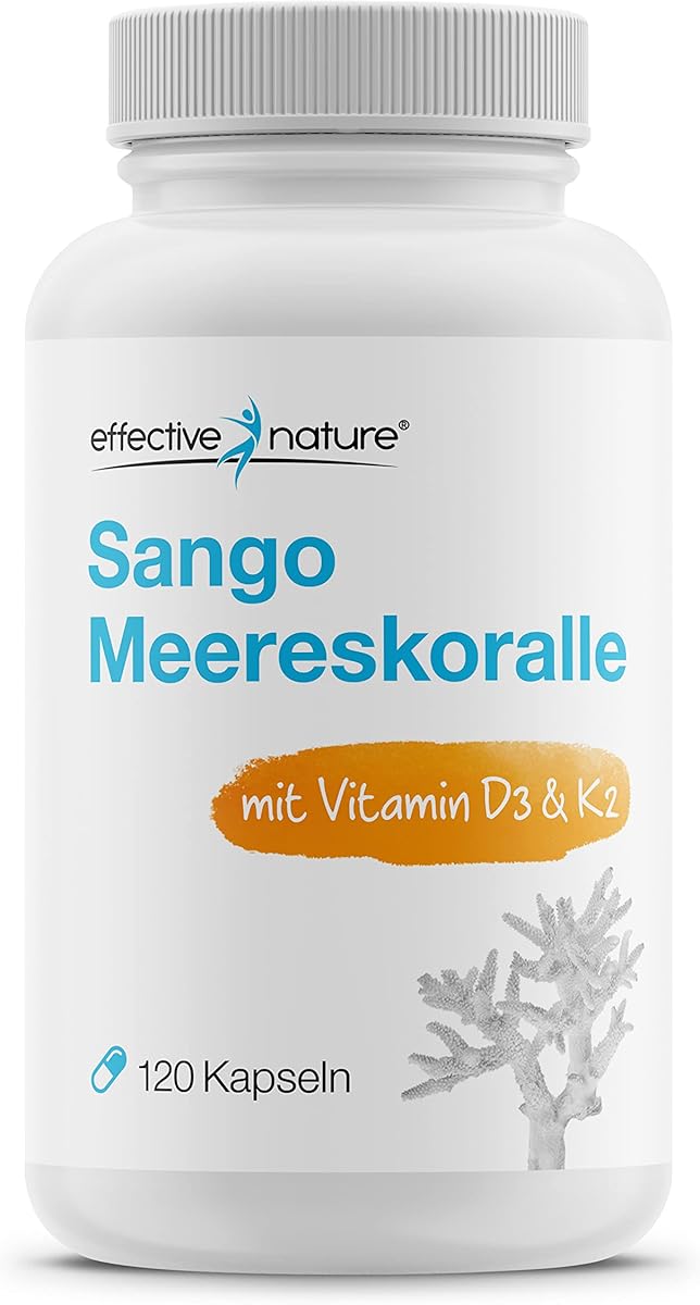 effective nature Sango Meereskoralle + Vitamin D3 & K2-120 Kapseln - Mit Calcium & Magnesium im optimalen Verhältnis 2:1 - hochdosiert & vegan - Nahrungsergänzung für Knochen & Säure-Base-Haushalt