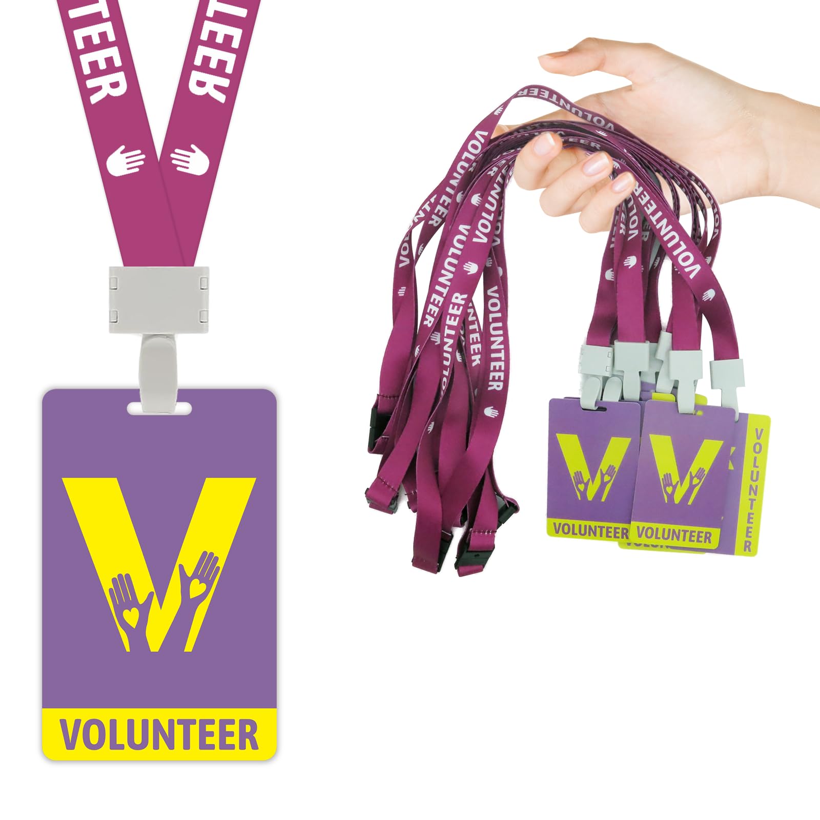 25 Pack Volunteer Lanyard with Plastic Card Set,Vistor PVC Badges Bulk Identification Pass Card for School,Church,Fundraising, Events, Activities (Purple)