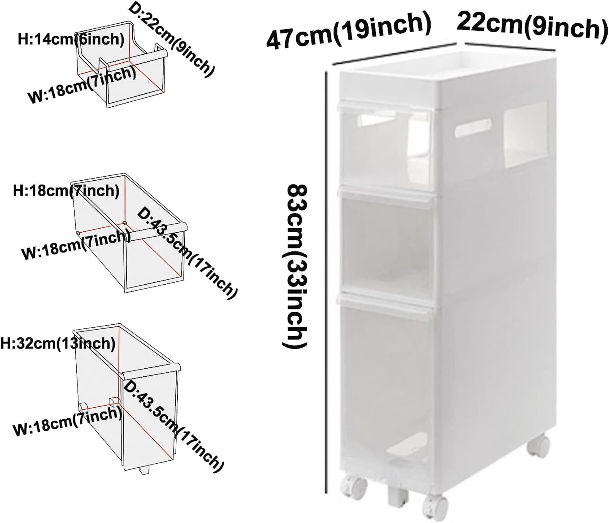 Armadietto da bagno sottile con cassetti e ruote in plastica a 4 ripiani, armadio da pavimento stretto per piccoli spazi, torre verticale per carta igienica con grande capacità 22,9 cm di larghezza