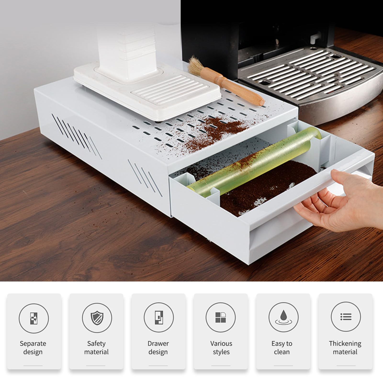 Espresso - Recipiente para café con cajón, acero inoxidable Knock Box con barra de goma y patas antideslizantes, cajón para máquina portafiltros (acero inoxidable natural, grande)
