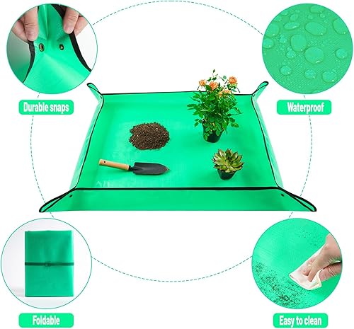 Miniatura 5 de Tapete de trasplante de plantas de interior de 27 x 27 pulgadas para trasplante y control de suciedad, bandeja portátil para macetas de suculentas,