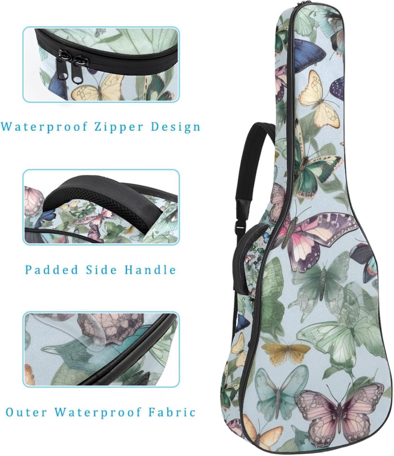 Acoustic Guitar Bag 0.4 Inch Thick Padding Waterproof Guitar Case Gig Bag for 40 41 42 Inch Electric Bass Classical Guitar, Colorful Butterflies with Leaves