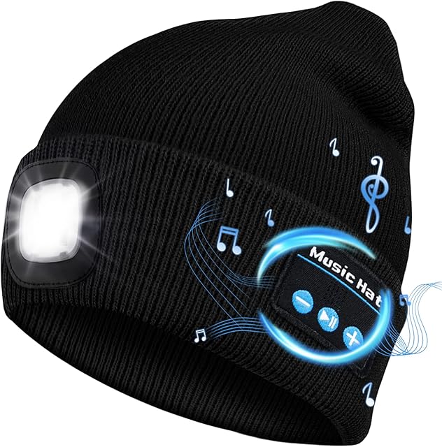 Gifts for Men Women Dad, Bluetooth Beanie Hats with HeadlightUnisex Rechargable LED Beanie with Headphones