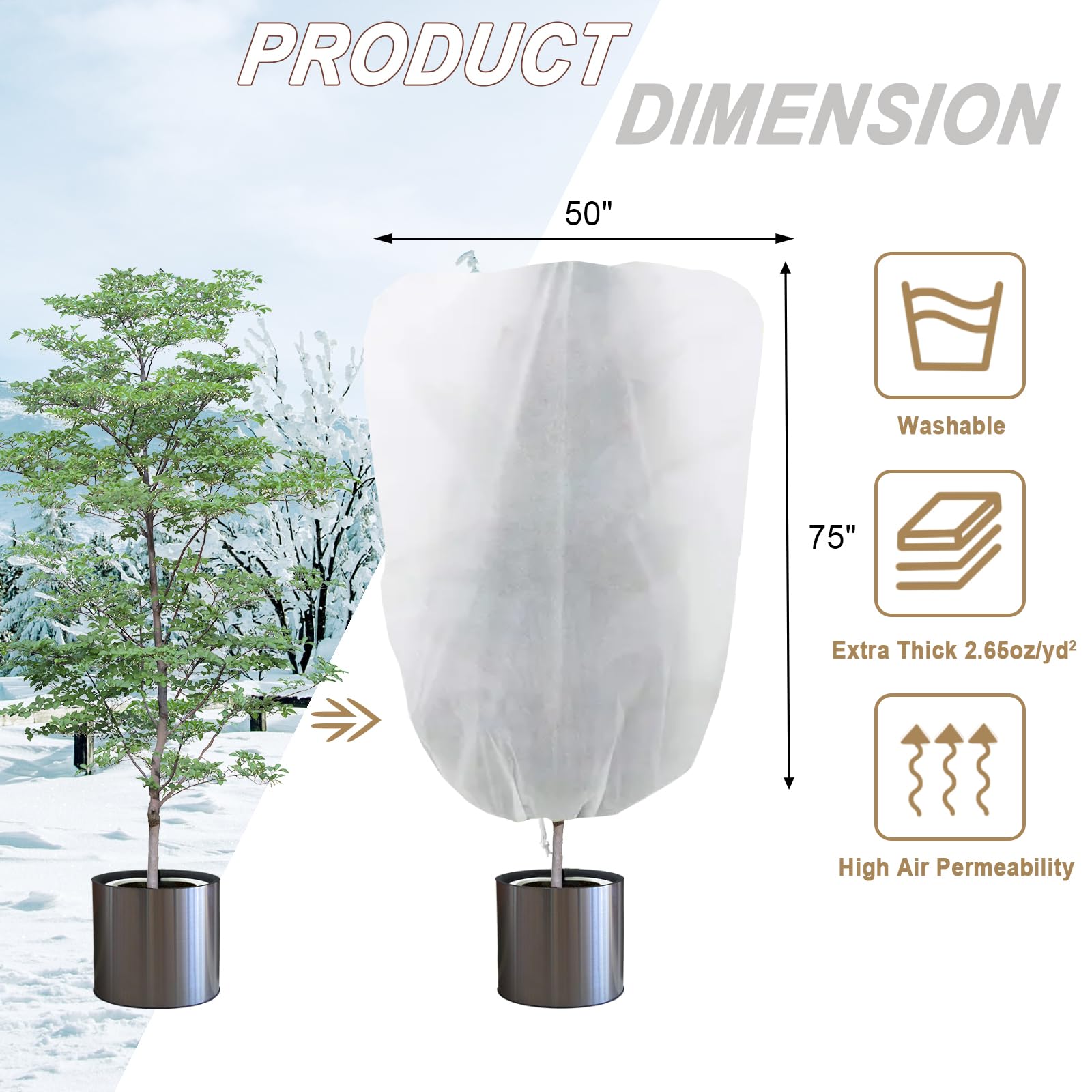 Paquete de 5 fundas protectoras contra la congelación para plantas, 50 x 75 pulgadas, reutilizable, con cordón y cremallera para plantas, árboles, arbustos, manta cálida para protección contra