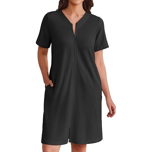 Ekouaer Women Zipper Robes Waffle Short Bathrobe Lightweight House Coat with Pockets Soft Nightgown
