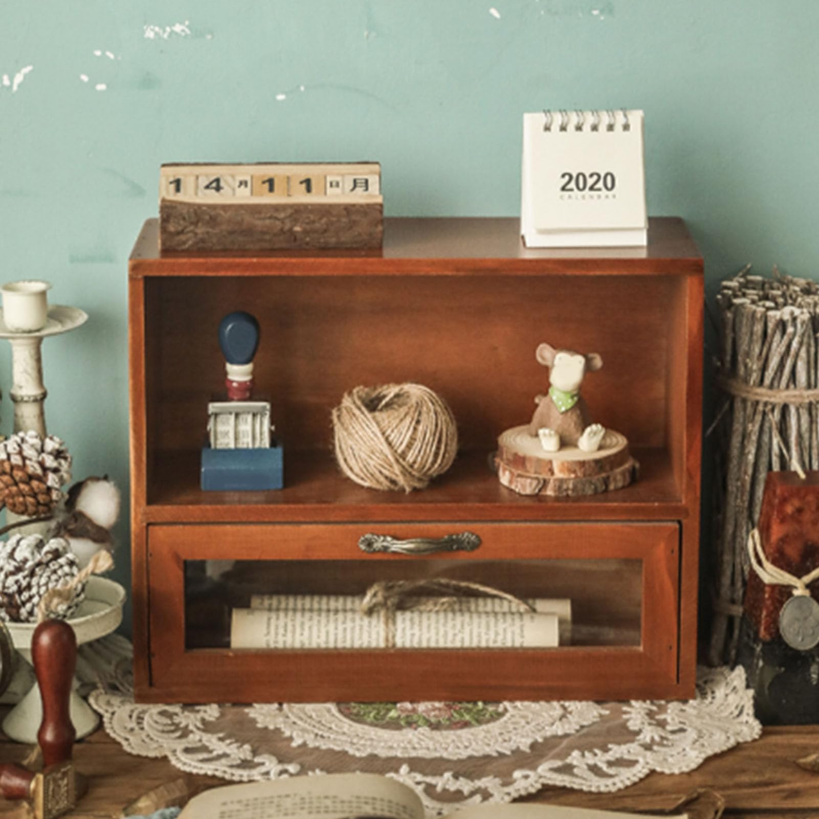 Vinta Bürobox aus Holz, klein, Kosmetikbox für Schlafzimmer, Retro-Stil, Make-up- und Parfümständer, ideales Schreibtischzubehör für Heimdekoration
