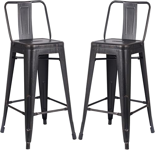 Miniatura 8 de Taburetes industriales modernos de metal con respaldo y 4 patas para barras marca AC Pacific juego de 2 unidades Metal Negro gastado