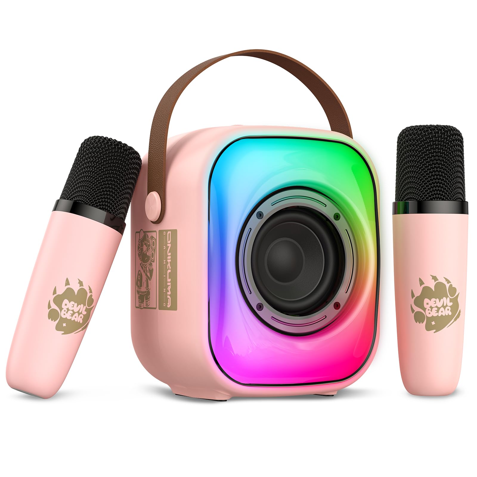 PHNIXGAM Mini Machine de karaoké avec Deux Microphones sans Fil, Haut-Parleur Bluetooth Portable pour Adultes et Enfants, Microphone de karaoké avec LED (Rose)