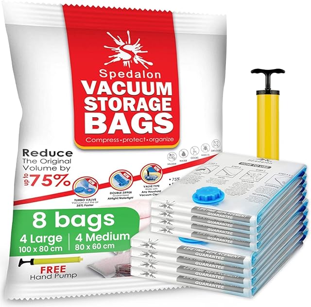 Vacuum Storage Bags - Pack of 8 (4 Large (100x80cm) + 4 Medium (80x60cm)) | ReUsable with free Hand Pump for travel packing