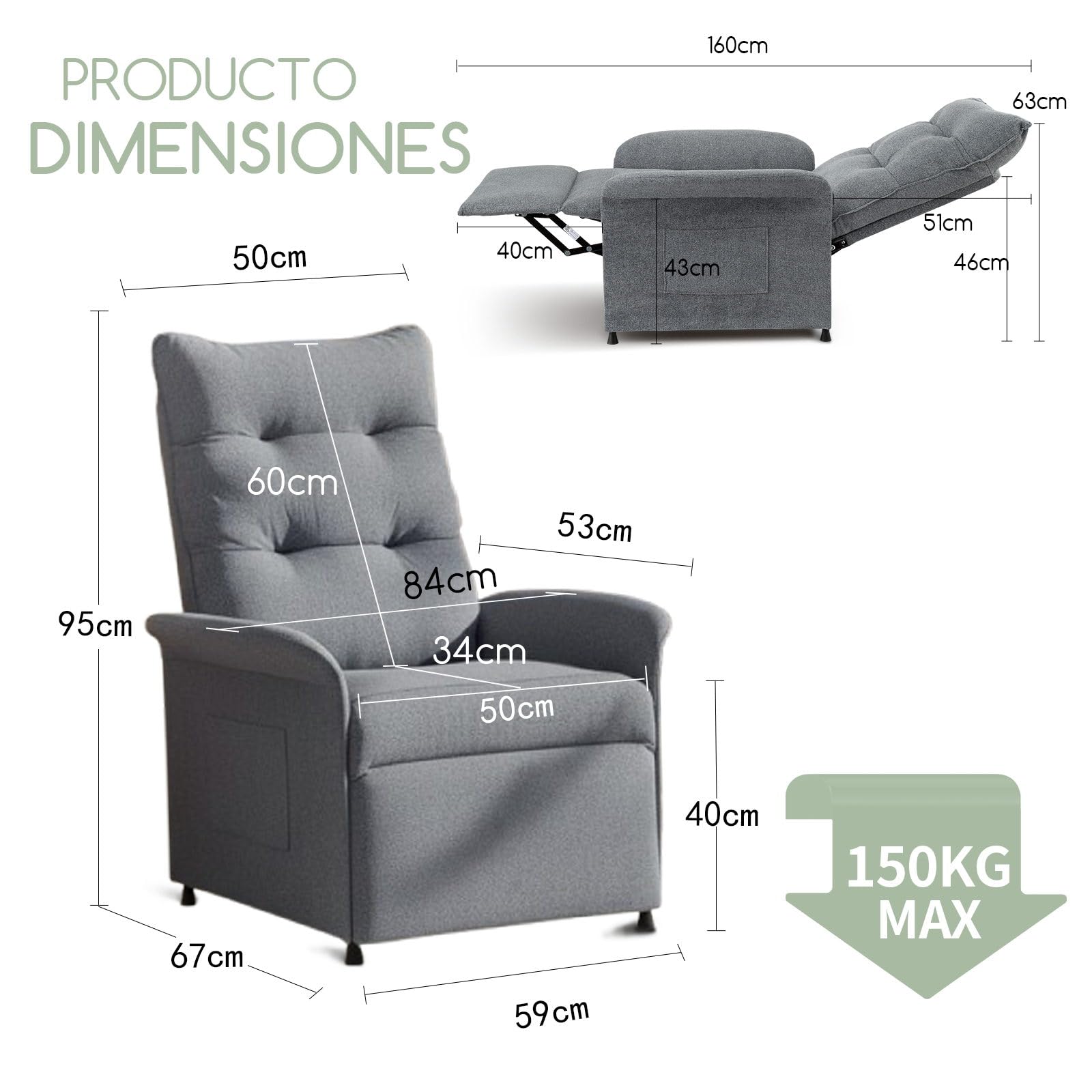 SOSINYA Sillon Relax Reclinable Electrico,Respaldo Ajustable de 105° a 155, Soporta hasta 150 kg, Tejido Duradero y Transpirable. Incluye Bolsillo Lateral para Mayor Espacio, Fácil de Limpiar