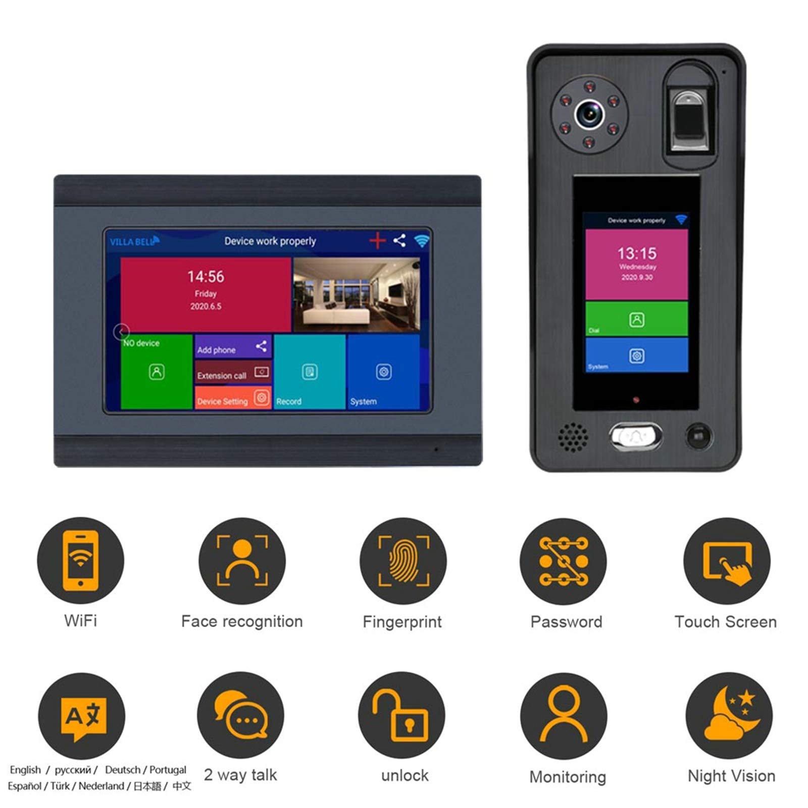 Bezprzewodowy dzwonek wideo Wifi, system wideodomofonowy z kamerą 1080P, monitor 7 cali, domofon, hasło Odciski palców Odblokowanie APP rozpoznawania twarzy