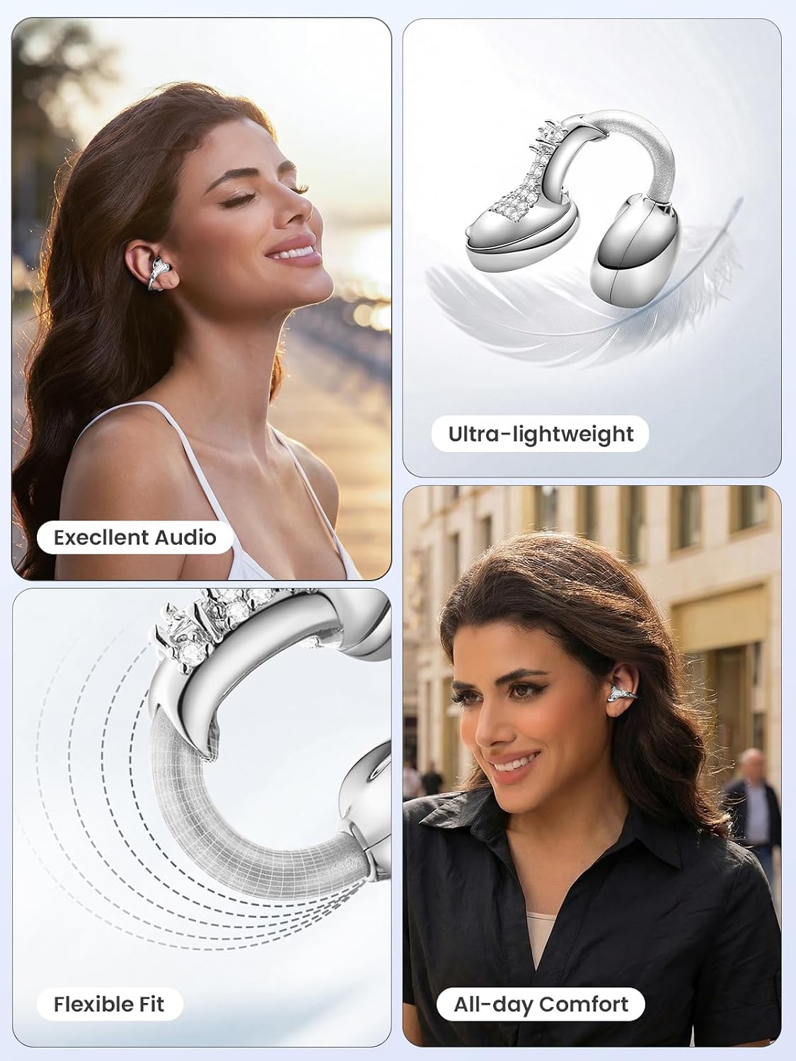 JewelPods C3 Wireless Earbuds, Jeweled Open-Ear Bluetooth Headphones for All-Day Comfort, Ultra-Light Memory Wire Clip-On, 60H Playtime, Sweat & Water Resistant, Premium Sound, White Gold