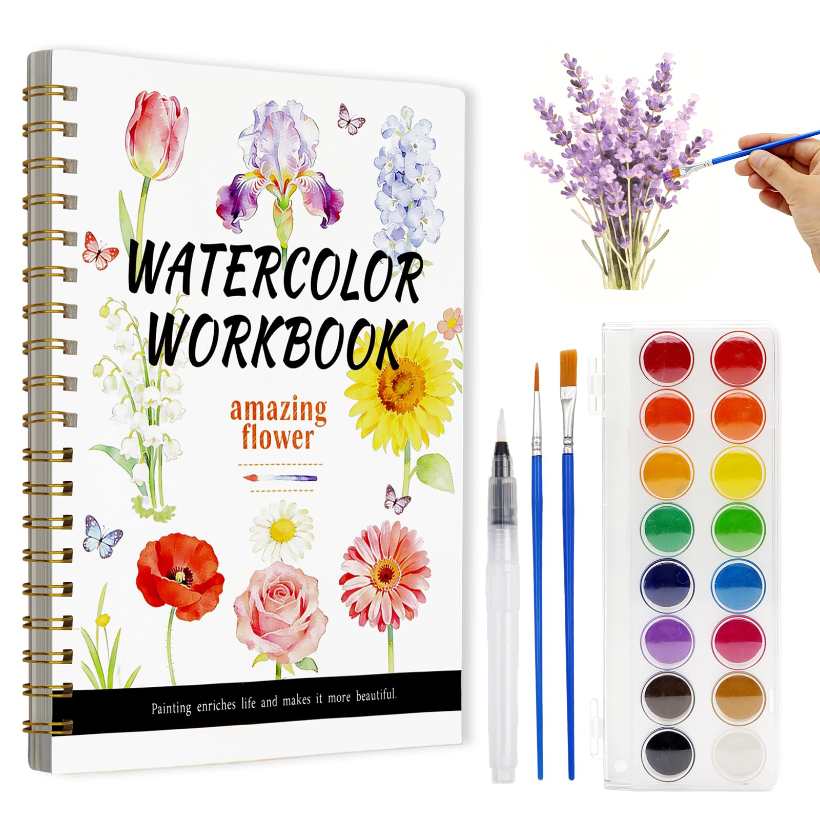 Watercolour Workbook for Adults – Flowers Watercolours Colouring Books with 14 Watercolour Paintings, 16 Colours, 3 Brushes & Colour Mixing Guide – Large 200GSM Paper for Beginners & Art Enthusiasts