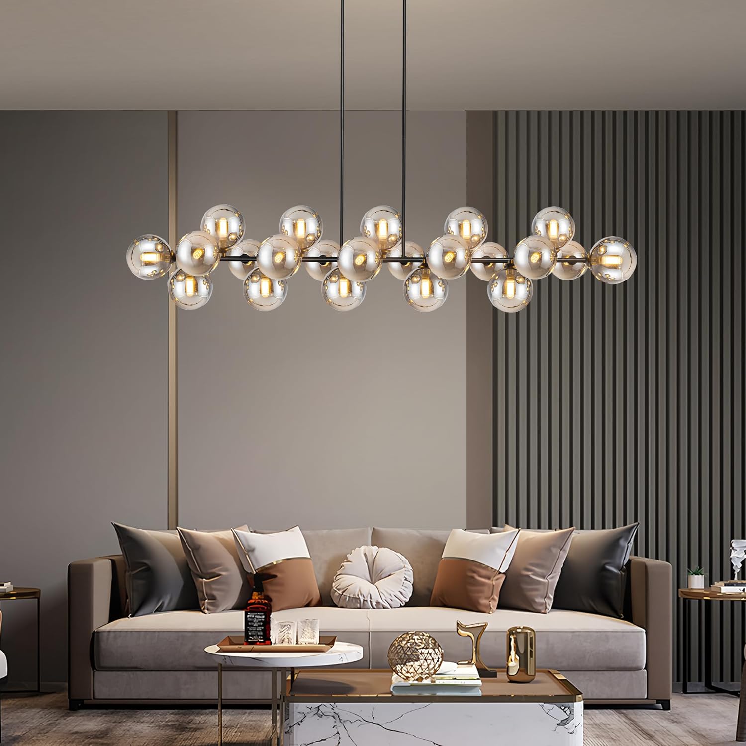 Linear Chandelier Black Sputnik Chandelier 70 inch Dining Room Light Fixture 22 Lights Smoked Glass Globe Linear Chandelier Over Table for Farmhouse, Living Room, Kitchen Island