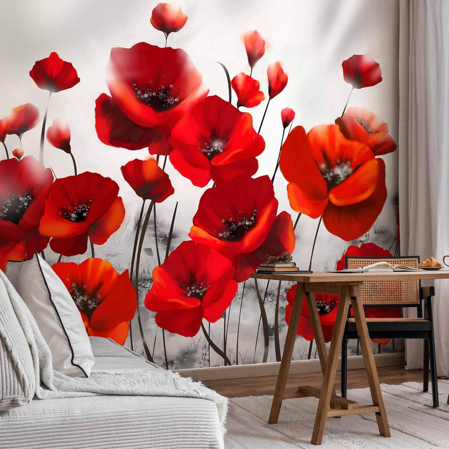 decomonkey Fototapete Mohnblumen, 400x280 cm, XL, Blumem Abstrakt rot | Vlies, Schlafzimmer, Wohnzimmer, Tapete, Fototapeten, Tapeten, Vliestapete, Wandtapete, moderne, Wandbild, Wand