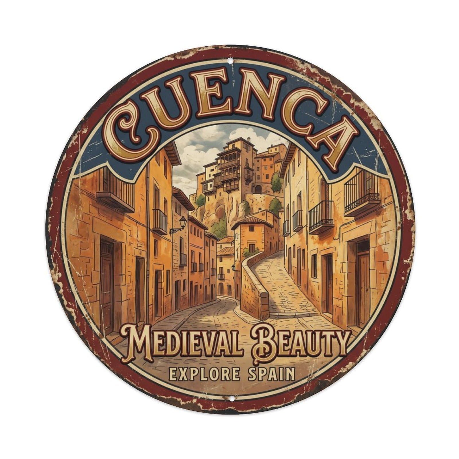 Vintage Travel Medieval Spain Town Metal Tin Sign Plaque Wall Decor for Cafe, Club Bar, Office, Home Garden Round Metal Poster 8x8Inch