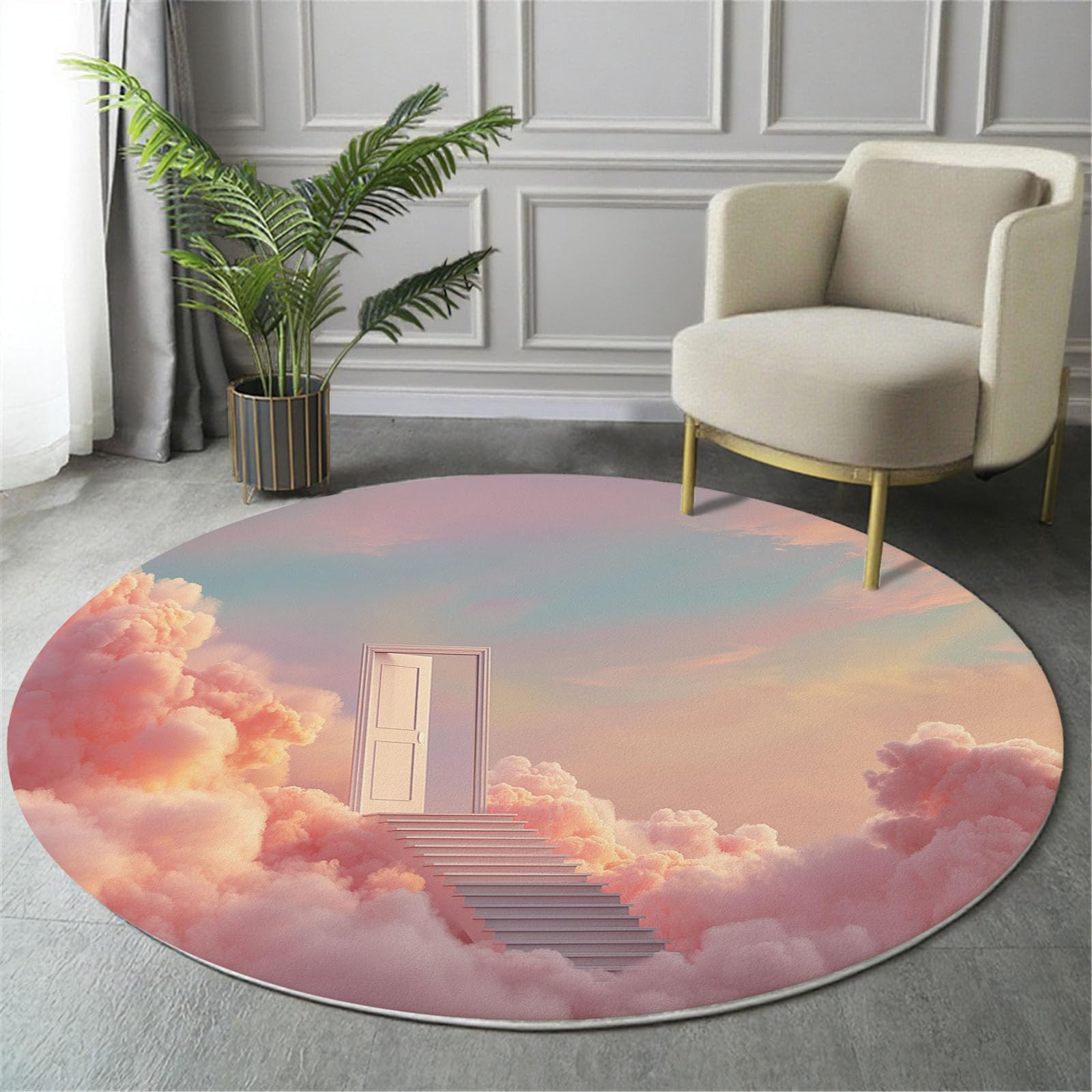 Tapis rond 200cm rose de salon lavable en machine pour chambre