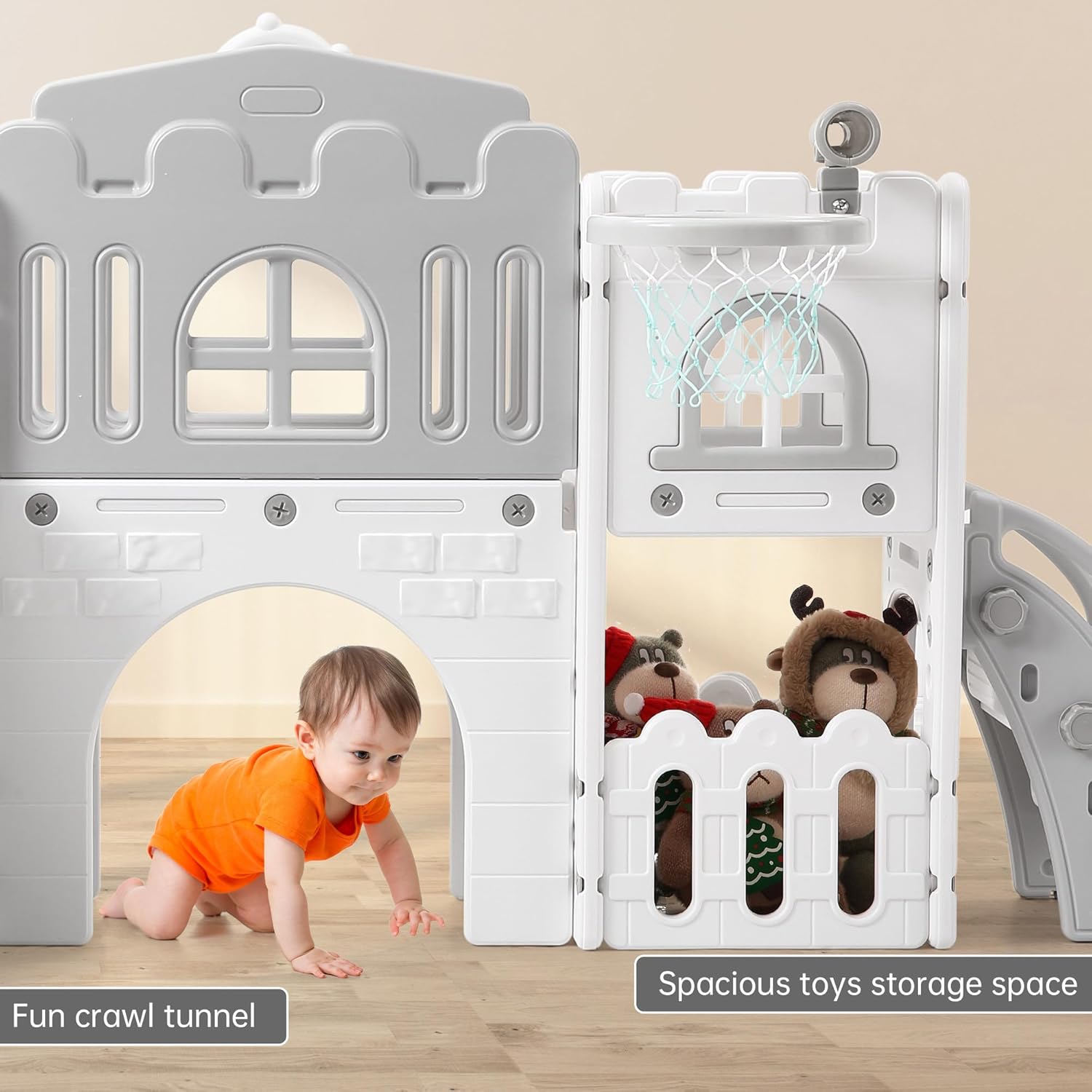 Toddler Slide 8 in 1 Toddler Playset for Toddlers Age 1-3, Baby Playset for Indoor Outdoor Playground with Climber, Crawling Tunnel, Basketball Hoop, Telescope, Toy Storage