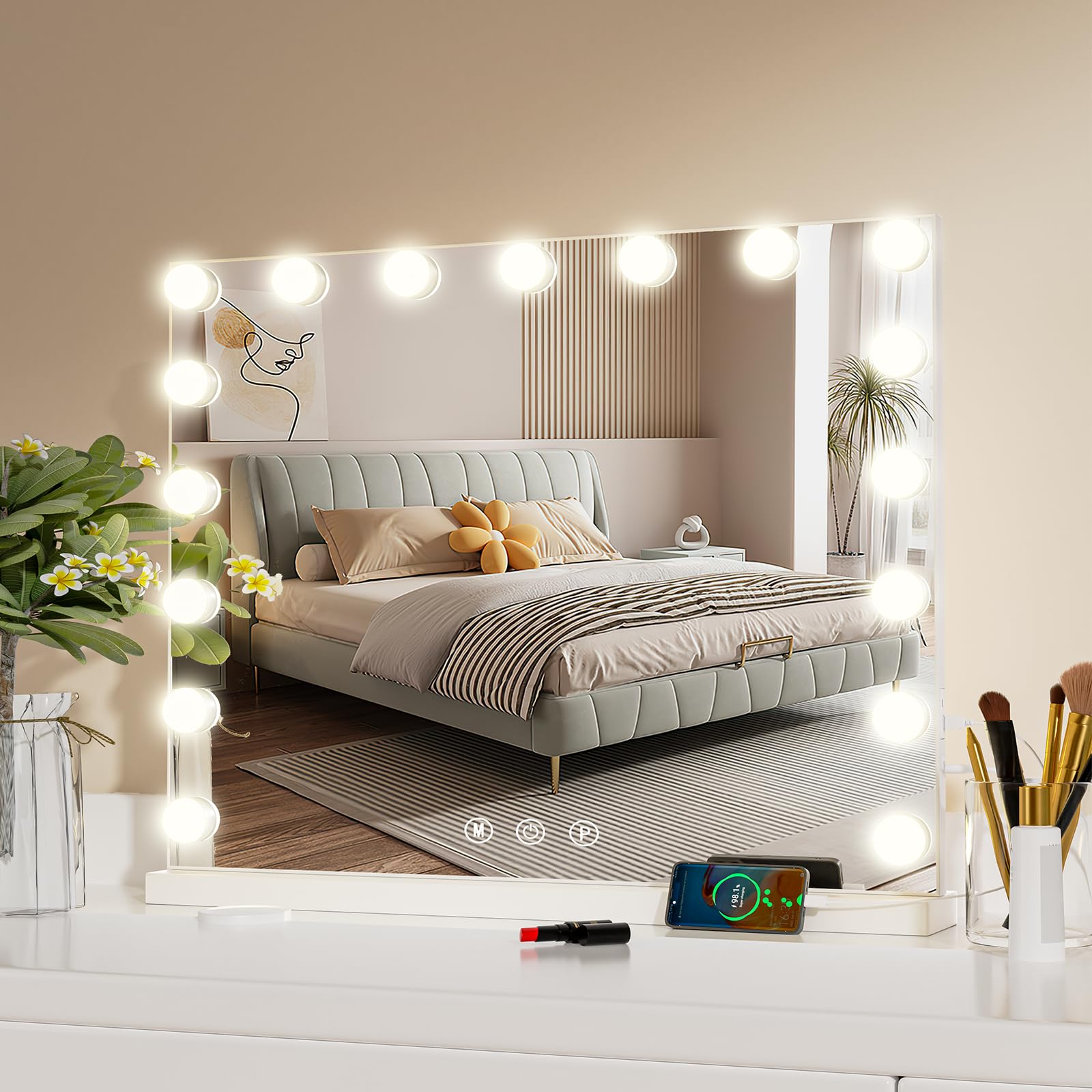 Espejo maquillaje con luz, 70x55 cm, Gran espejo tocador con luz de pared con 17 luces LED, 3 modos de iluminación, espejo con luz para maquillaje luminoso con USB y lente de aumento 10x - Blanco